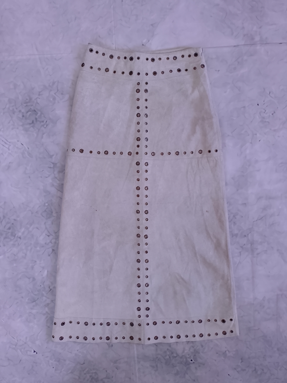 Vintage LEATHER Studded Cream Midi Skirt SANDRA ANGLOZZI - Picture 10 of 12